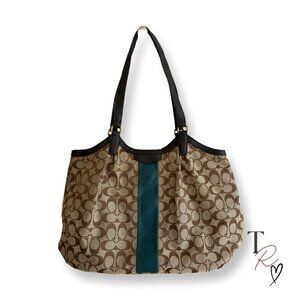 Coach Y2K Devin Signature Stripe Canvas & Leather Tote Shoulder Bag Brown/Green